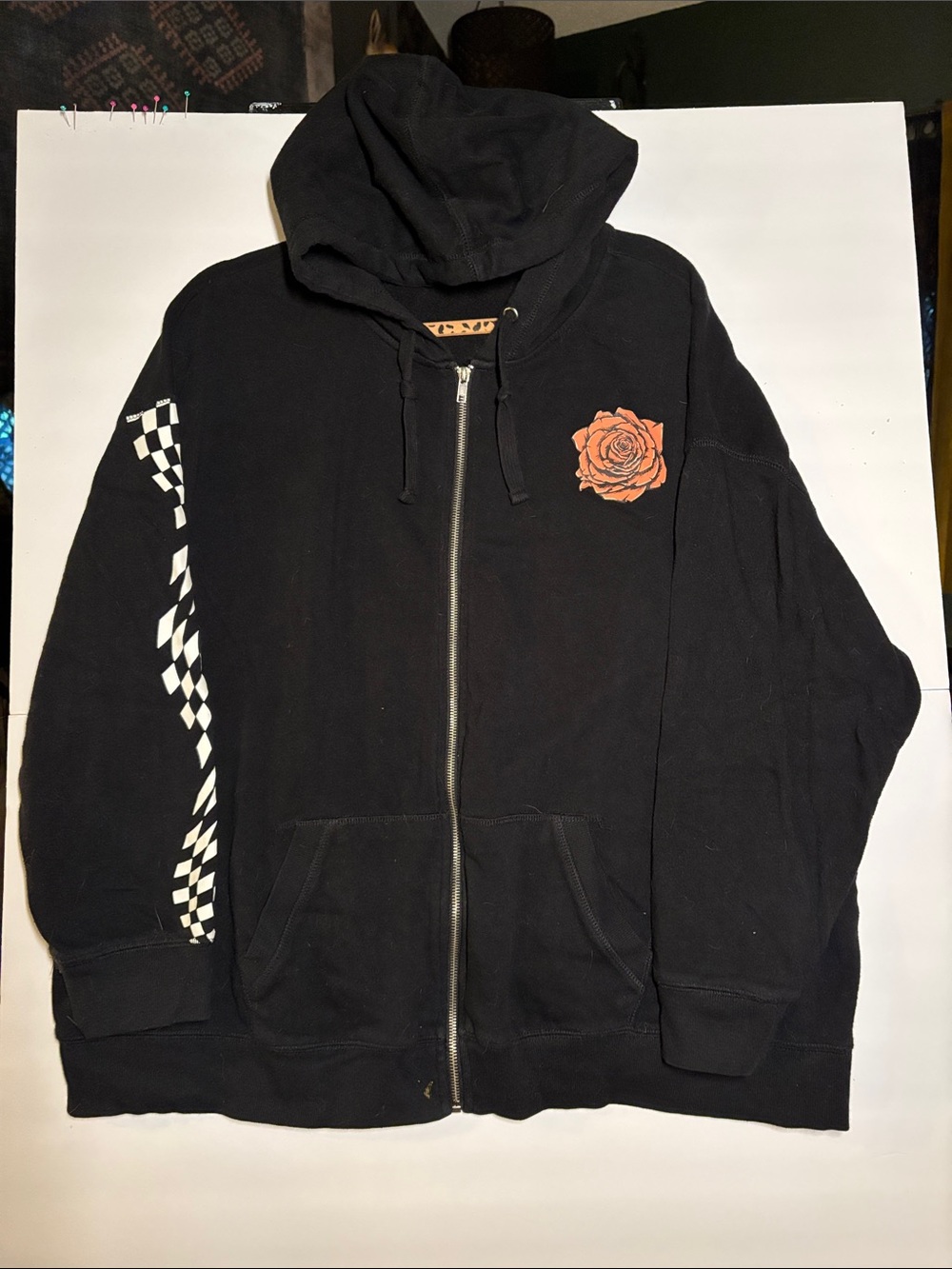 Black Graphic Skull Hoodie with Rose Crown
